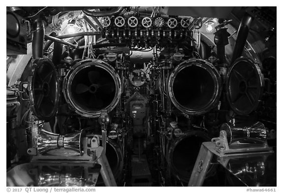 Torpedo launch tubes, USS Bowfin submarine, Pearl Harbor. Oahu island, Hawaii, USA (black and white)