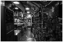 Inside of USS Bowfin submarine, Pearl Harbor. Oahu island, Hawaii, USA ( black and white)