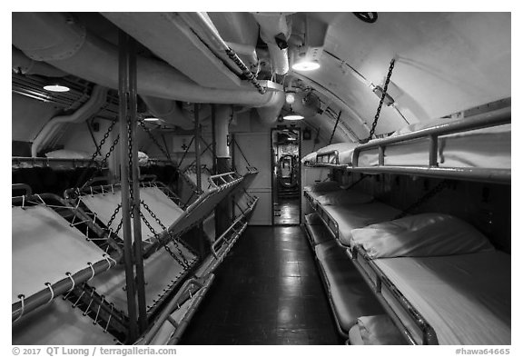 Sleeping bunks, USS Bowfin submarine, Pearl Harbor. Oahu island, Hawaii, USA (black and white)