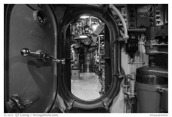 Waterproof divider door, USS Bowfin submarine, Pearl Harbor. Oahu island, Hawaii, USA (black and white)