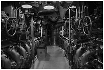 Submarine machine room, USS Bowfin, World War 2 Valor in the Pacific National Monument. Oahu island, Hawaii, USA ( black and white)