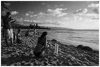 Visitors view sea turtles on Laniakea Beach. Oahu island, Hawaii, USA ( black and white)