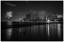 Fireworks and Waikiki skyline. Waikiki, Honolulu, Oahu island, Hawaii, USA ( black and white)