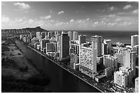 Aerial view of Ala Wai Canal, downtown Waikiki, and Waikiki Bay. Honolulu, Oahu island, Hawaii, USA ( black and white)