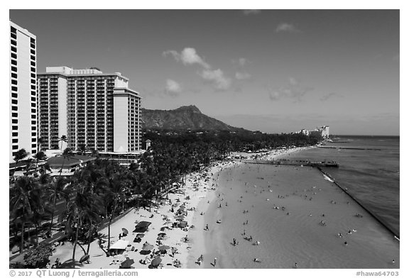 Aerial view of Kuhio Beach. Honolulu, Oahu island, Hawaii, USA (black and white)