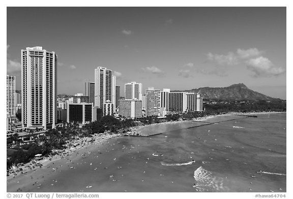 Aerial view of Waikiki Bay and Beach. Honolulu, Oahu island, Hawaii, USA (black and white)