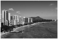 Aerial view of Kuhio Beach, Waikiki skyline and Diamond Head. Waikiki, Honolulu, Oahu island, Hawaii, USA ( black and white)