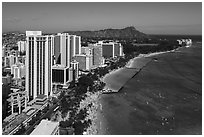 Aerial view of Waikiki Beach, skyline, and Diamond Head. Honolulu, Oahu island, Hawaii, USA ( black and white)