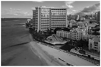 Aerial view of Royal Hawaiian Hotel and Waikiki. Waikiki, Honolulu, Oahu island, Hawaii, USA ( black and white)