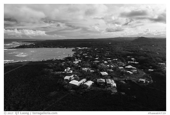 Aerial view of residential community on edge of lava field. Big Island, Hawaii, USA (black and white)