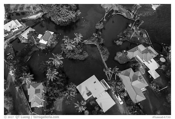 Aerial view of houses and Champagne Ponds. Big Island, Hawaii, USA (black and white)