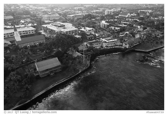 Aerial view of Kailua with Hulihee Palace. Hawaii, USA (black and white)