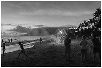 Forth of July fireworks on beach, Kihei. Maui, Hawaii, USA ( black and white)