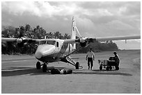 Plane on the airstrip of Ofu Island. American Samoa (black and white)
