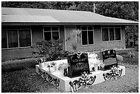 Tombs in front of a home in Faleasao. American Samoa (black and white)