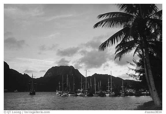 Yachts anchored in Pago Pago harbor. Pago Pago, Tutuila, American Samoa (black and white)