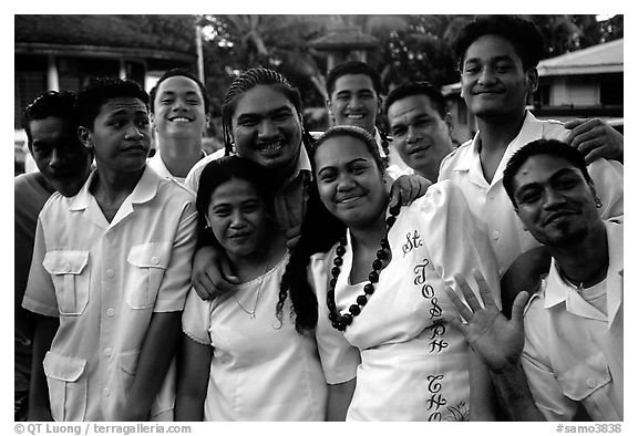 Group of Sunday churchgoers, all white-clad, Pago Pago. Pago Pago, Tutuila, American Samoa (black and white)