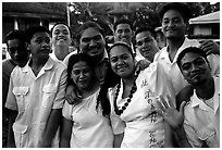 Group of Sunday churchgoers, all white-clad, Pago Pago. Pago Pago, Tutuila, American Samoa (black and white)