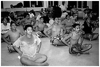 Villagers getting ready for traditional dance, Aua. Tutuila, American Samoa ( black and white)