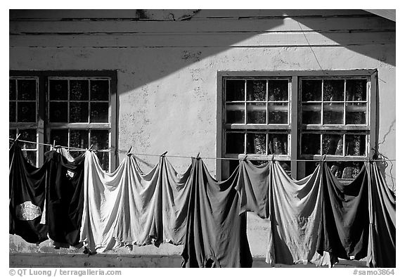 Laundry drying on clotheline in Tula. Tutuila, American Samoa (black and white)