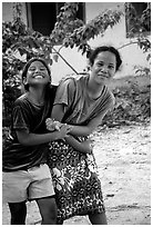 Girls in Aunuu village. Aunuu Island, American Samoa (black and white)