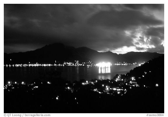 Pago Pago harbor at night. Pago Pago, Tutuila, American Samoa (black and white)