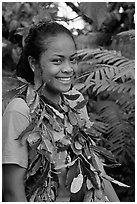 Girl with ornemental leaves in traditional fashion. Pago Pago, Tutuila, American Samoa (black and white)
