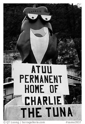 Statue of Charlie the Tuna. One third of the islanders work in tuna can factories.. Pago Pago, Tutuila, American Samoa (black and white)