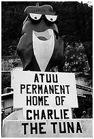 Statue of Charlie the Tuna. One third of the islanders work in tuna can factories.. Pago Pago, Tutuila, American Samoa ( black and white)