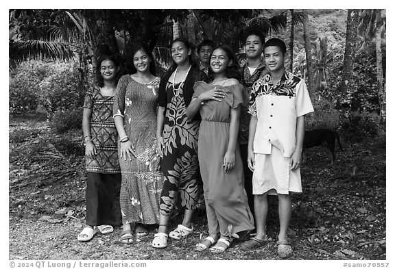 Samoan girls and boys, Fagasa Village. Tutuila, American Samoa (black and white)