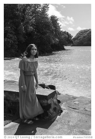 Samoan young woman in red dress, Fagasa. Tutuila, American Samoa (black and white)