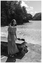 Samoan young woman in red dress, Fagasa. Tutuila, American Samoa ( black and white)