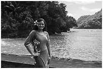 Smiling samoan woman with flower in hair, Fagasa. Tutuila, American Samoa ( black and white)