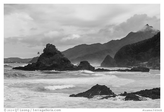 Surf and coastline near Alega and Mafatao Peak. Tutuila, American Samoa (black and white)