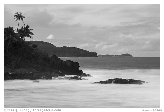 Surf and coastline near Alega and Aunuu Island. Tutuila, American Samoa (black and white)