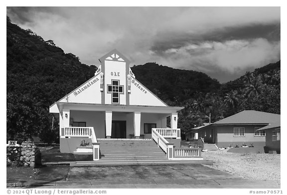 Church, Onenoa Village. Tutuila, American Samoa (black and white)