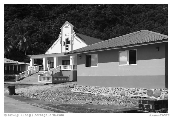 Colorful house and church, Onenoa. Tutuila, American Samoa (black and white)