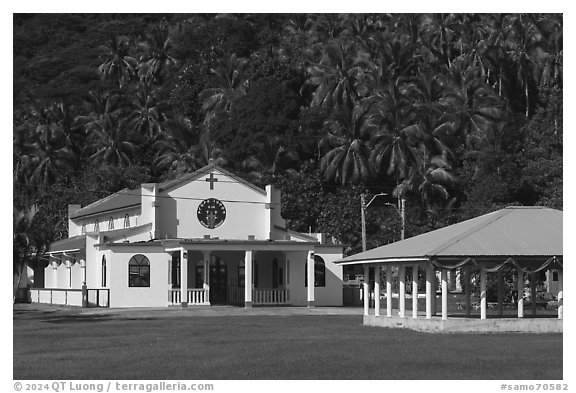 Church, Alofau. Tutuila, American Samoa (black and white)