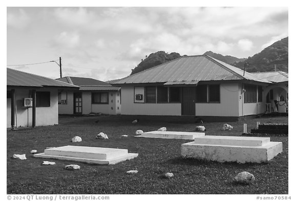 Tombs in backyard, Pagai. Tutuila, American Samoa (black and white)