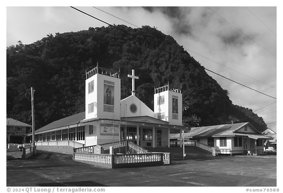 Church, Fagaitua. Tutuila, American Samoa (black and white)