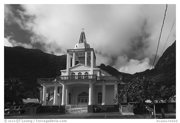 Church, Aua. Pago Pago, Tutuila, American Samoa (black and white)