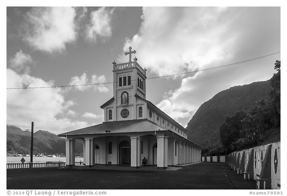 Church, Leoloaloa. Pago Pago, Tutuila, American Samoa (black and white)