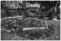 Stone-fired Umu earth oven, Tisa Barefoot Bar. Tutuila, American Samoa ( black and white)