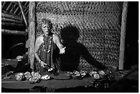 Tisa Faamuli serving Samoan Umu Feast. Tutuila, American Samoa ( black and white)