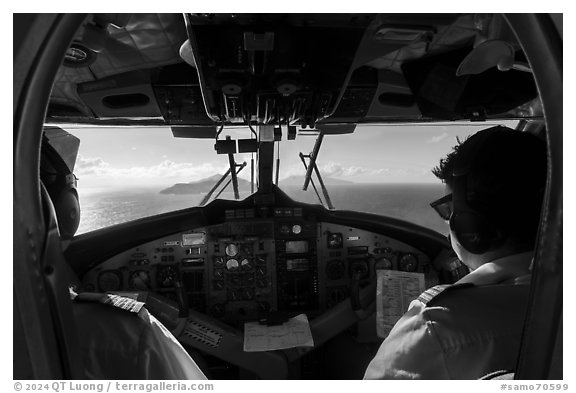 Cockpit of plane on approach to Ofu Island (composite). American Samoa (black and white)