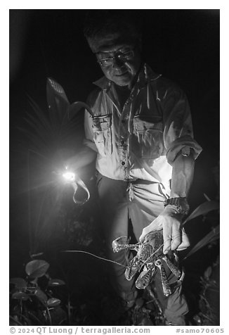 Tommy holding catched coconut crab at night, Ofu Island. American Samoa (black and white)