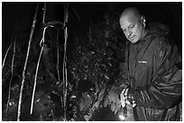 Manaia during coconut crab hunt, Ofu Island. American Samoa ( black and white)