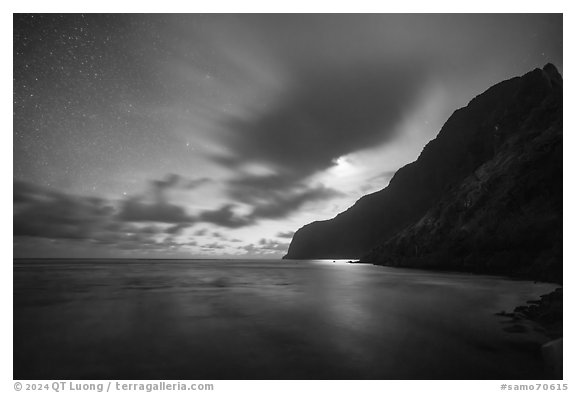 Moonlight, Olosega Island from Asaga Strait. American Samoa (black and white)