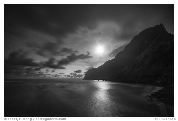 Moonlight over Olosega Island. American Samoa (black and white)