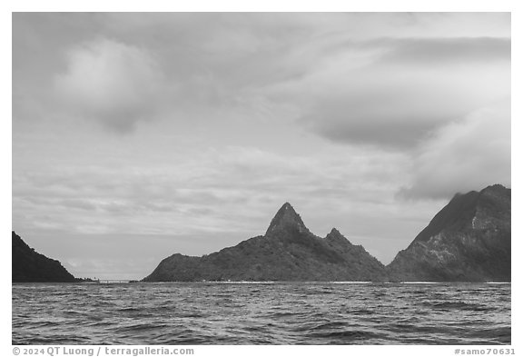 Asaga Strait Bridge and Sunuitao Peak. American Samoa (black and white)